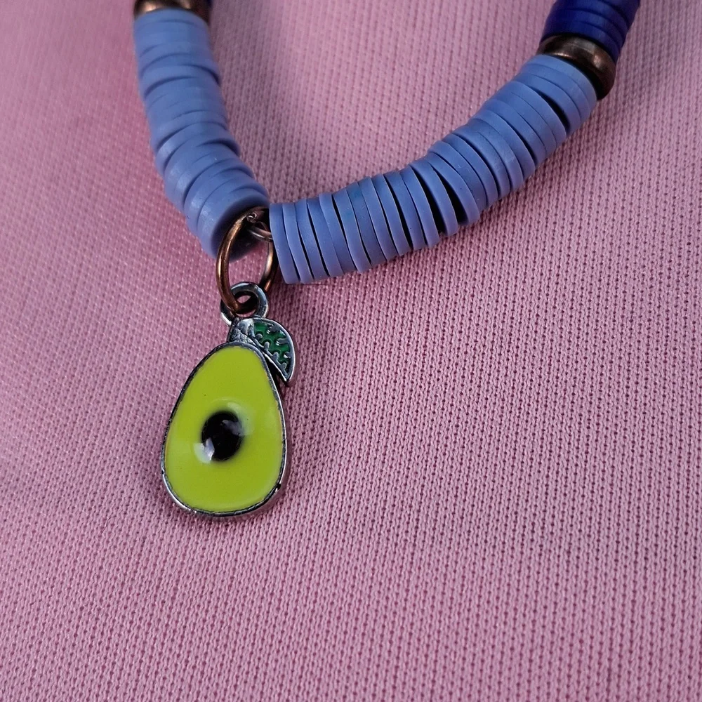 Avocado Charm Beaded Bracelet in Blue, White & Lime